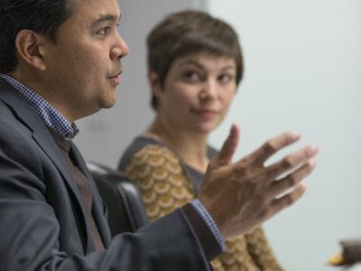 Mark Laterno, a guest speaker, and course instructor Karen Levy during a Tech/Law Colloquium in 2017.